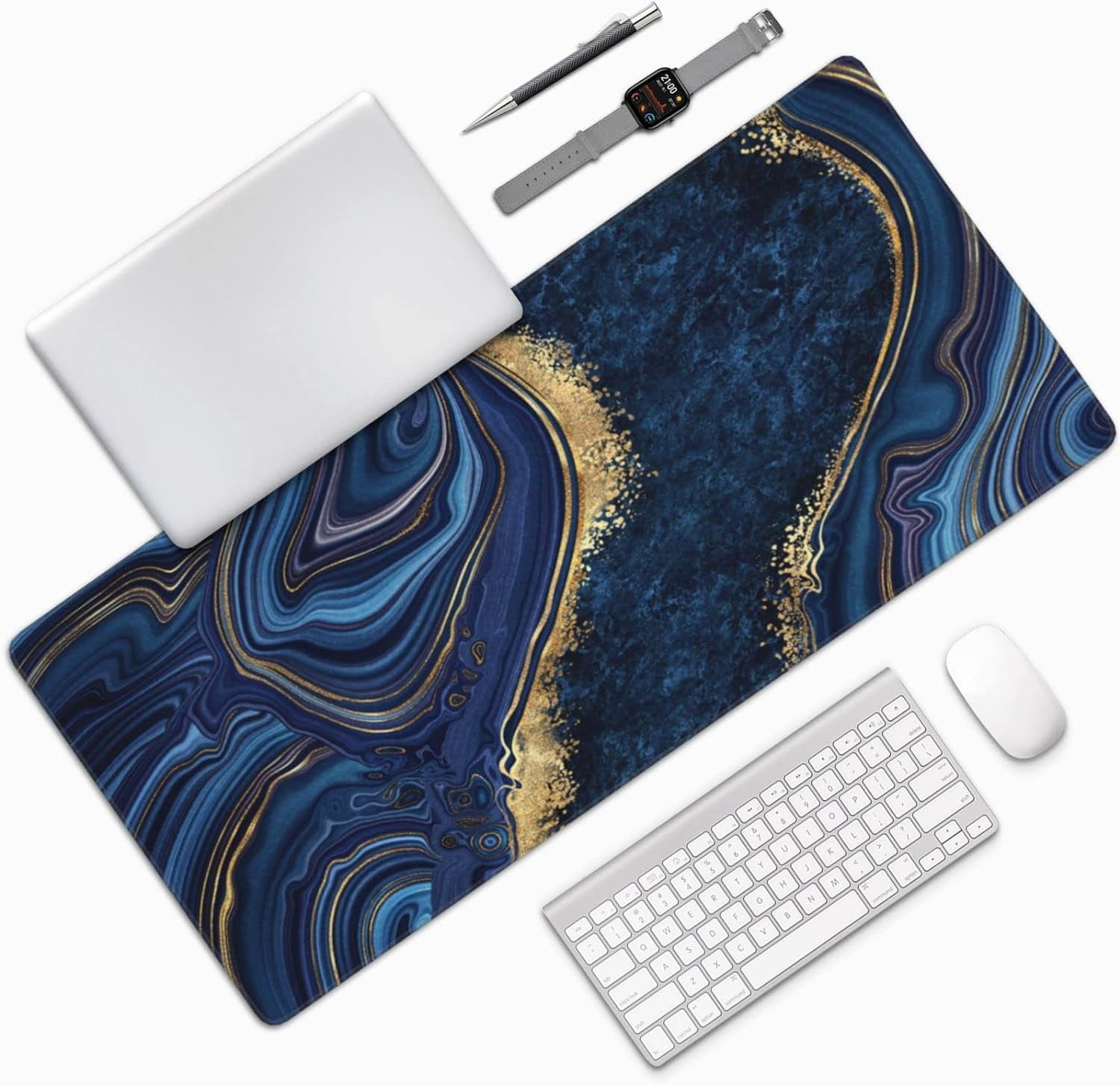 Gaming Mouse Pad,Large Mouse Pads for Desk,Non-Slip Rubber Base Extended Mousepad,XXL Keyboard Mouse Mat,Computer Keyboard Desk Pad with Stitched Edges,35.4x15.8inch,Blue Golden Marble