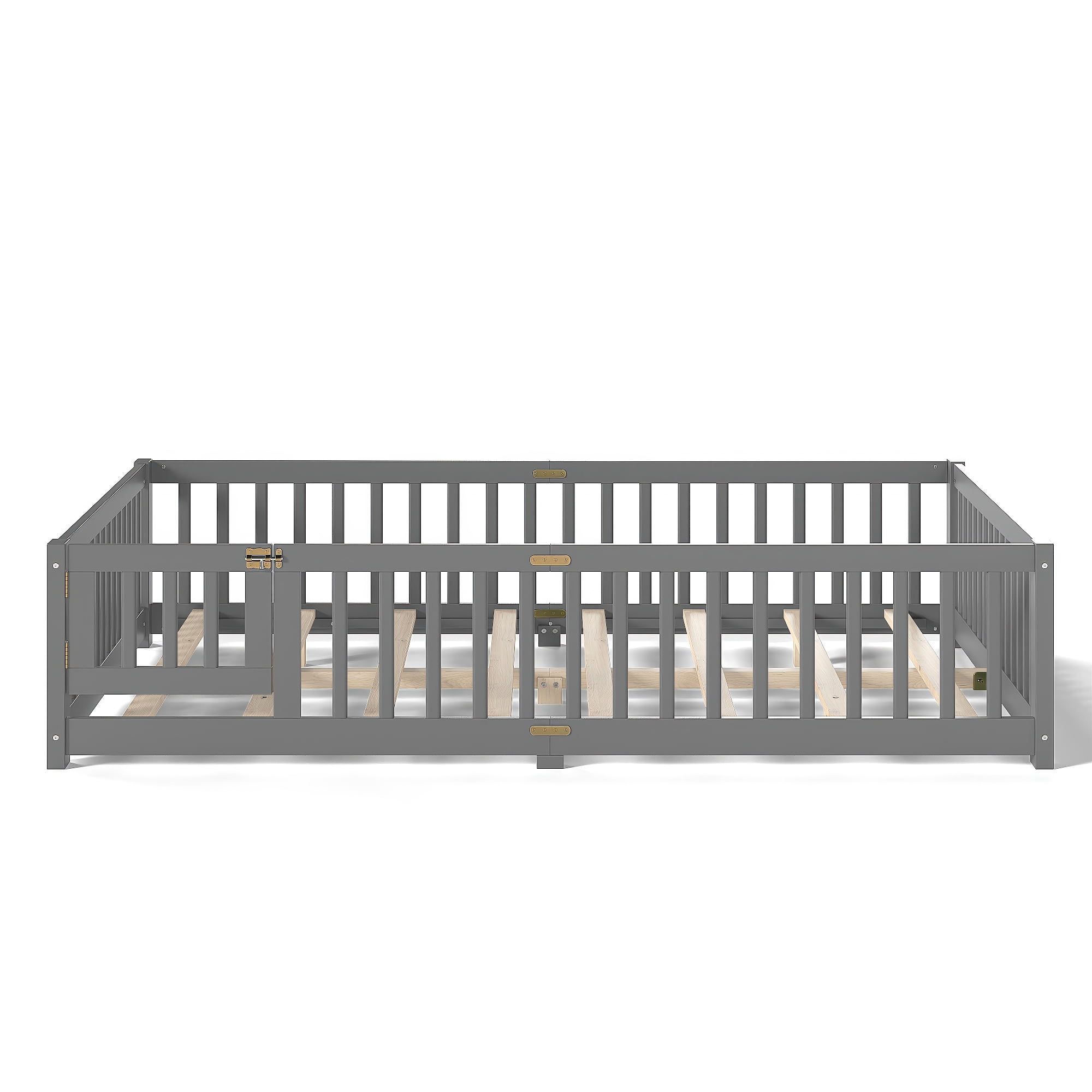 Queen Size Montessori Floor Bed with Rails, Wood Kids Floor Bed with Door and Slats Support, Toddler Bed Montessori Bed for Boys Girls, No Box Spring Needed Design