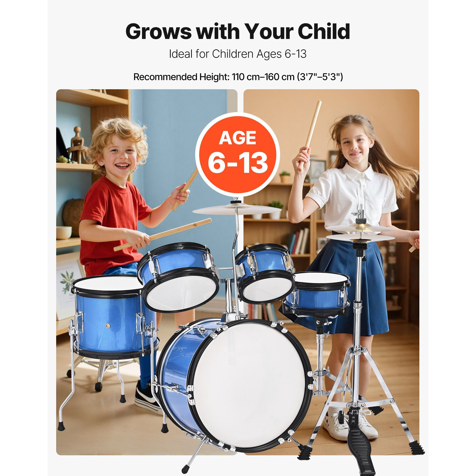 Kids Drum Set, 5-Piece 14 in Junior Drum Sets, Beginner Drums Set with Adjustable Throne, Cymbal & Two Pairs of Drumsticks, Musical Learning Drums Instruments Kit, for Children Ages 6-13 (Blue)