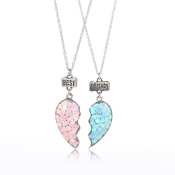 2pcs/set Sequin Stitching Broken Heart Best Friends Chain Pendant Necklace