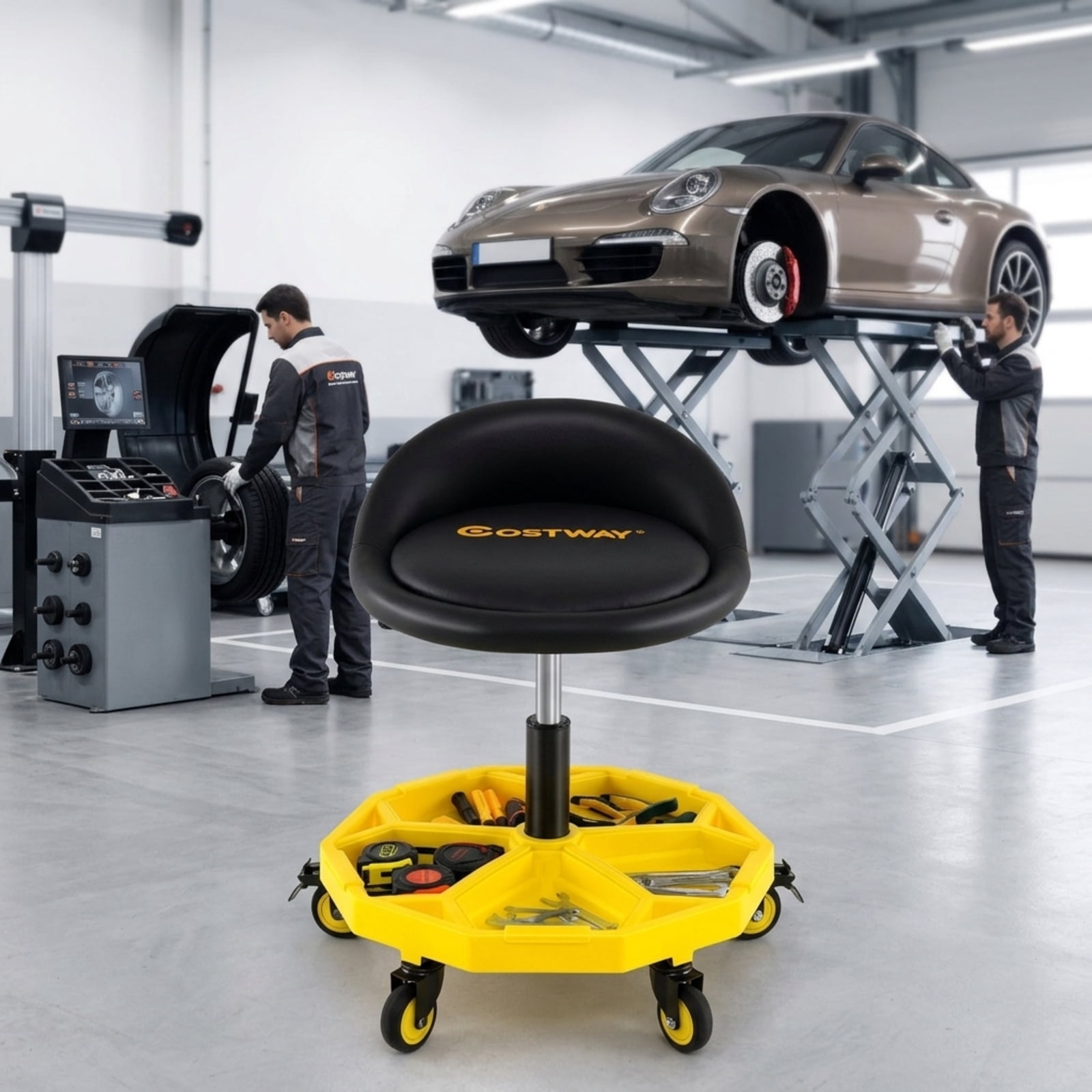 Biotree 20 Inch Rolling Mechanic Stool 25" x 20" x 6.3" with Tool Tray for Garage Shop Adjustable Height Shop Seat for Garage, Yellow