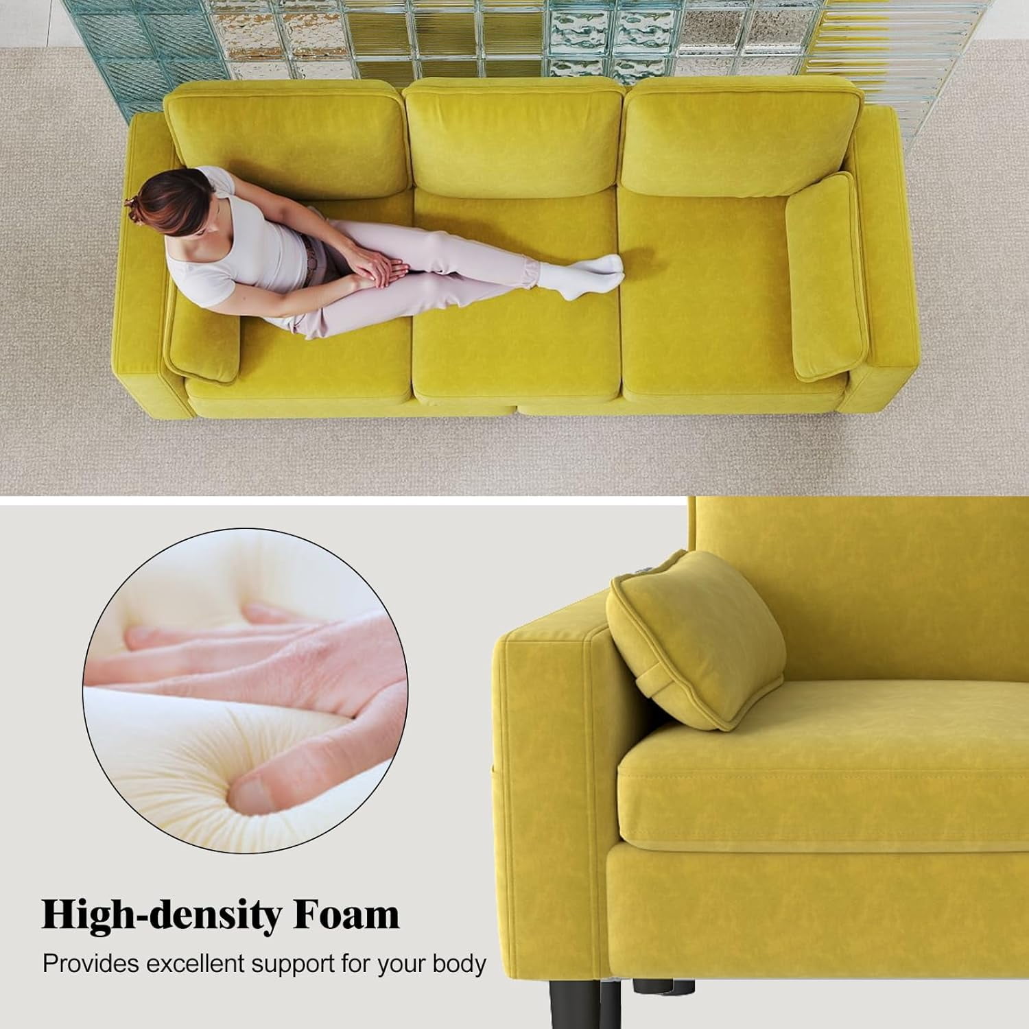 Kinbor Multi-Functional 3-Seater Sofa Chair, Modern Accent Chairs Comfy Living Room Chair with Cushions & Side Pocket, Yellow