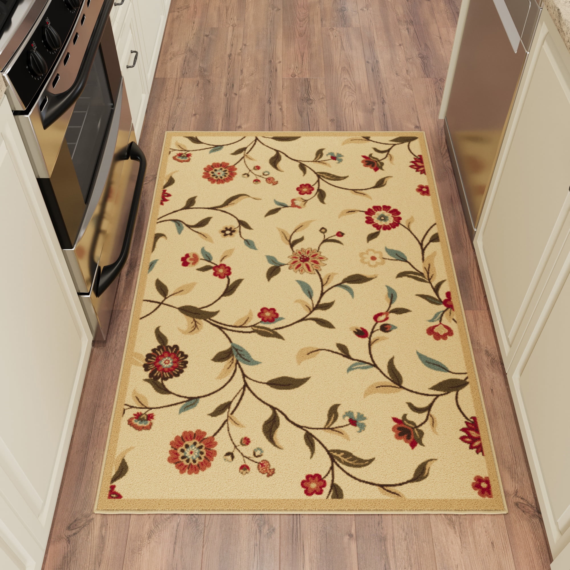 Ottomanson Non-Slip Indoor Entryway Rug 1'10.5" x 3' – Low Pile Stain Resistant Door Mat, Floral Beige
