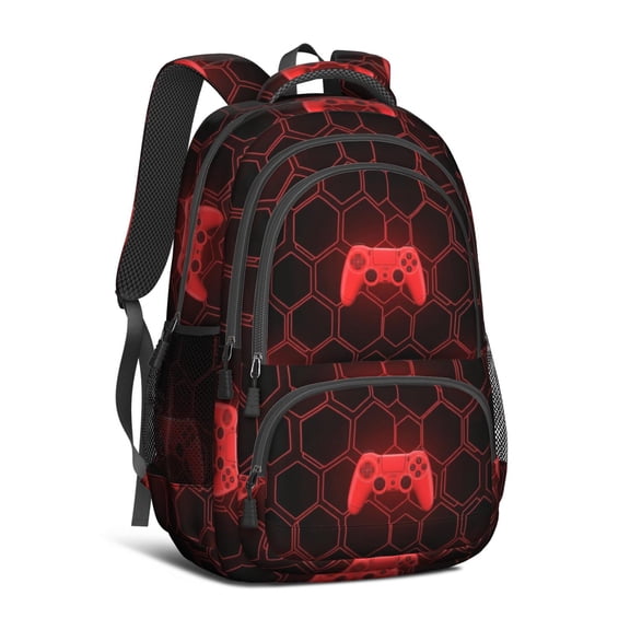 Game Controller Red Pattern Backpack for School, Cute School Bag with Adjustable Shoulder Straps and Padded Back, 16.9"x12.6"x5.9"