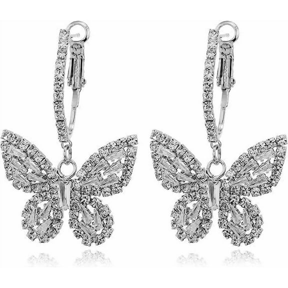 Butterfly Hoop Dangling Earrings For Women, Crystal Rhinestone CZ Drop Earrings For Women Hypoallergenic Nickel Free Cute Charms Dangling Earring Dainty Wedding Birthday Jewelry Gift
