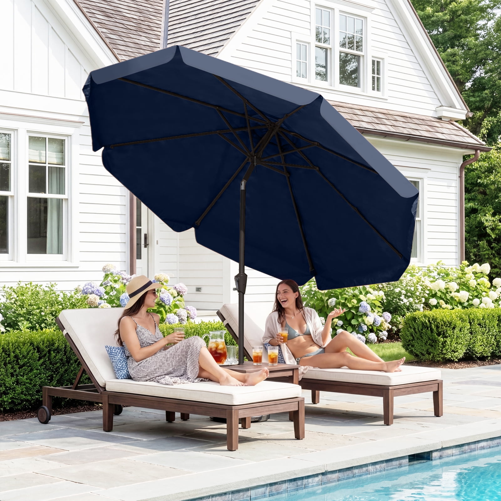 FUNDAZE 9ft Outdoor Patio Umbrella with Tilt & Crank, Heavy Duty Round Sun Umbrella for Garden, Poolside, Deck, Backyard，Navy Blue