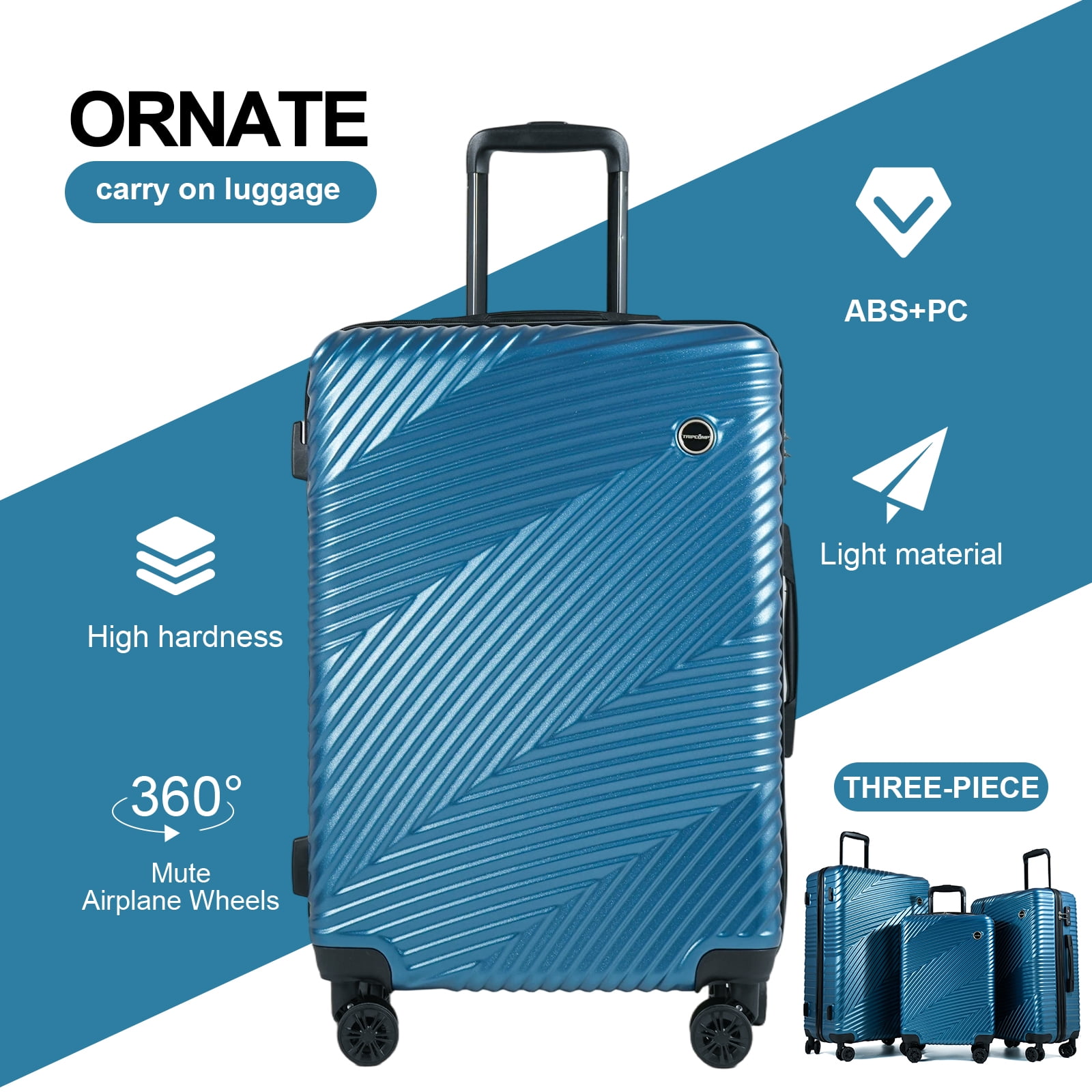 Tripcomp Luggage 3 Piece Set,Suitcase with Spinner Wheels Hardside Lightweight Luggage 20in24in28in.(Blue)