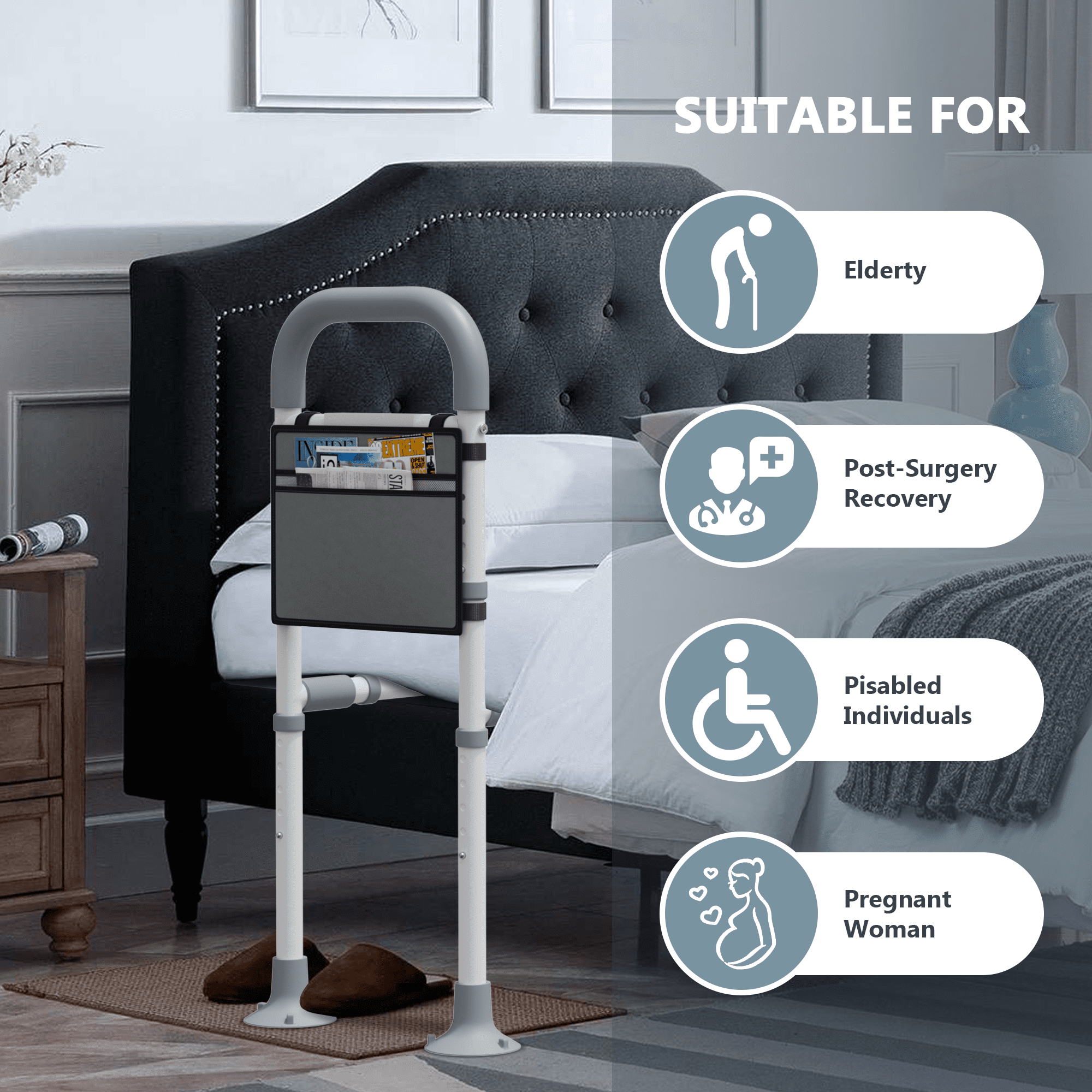 Mr IRONSTONE Bed Rail for Elderly Adults Safety with Leg Adjustable Bed Cane Tool-Free Assembe