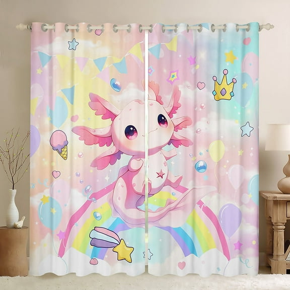 Erosebridal Cartoon Animal Axolotl Curtains Pack of 2(38x45),Rainbow Stars Print Black Out Curtains,Dreamy Colorful Curtains for Living Room,Super Cozy Room Decorative