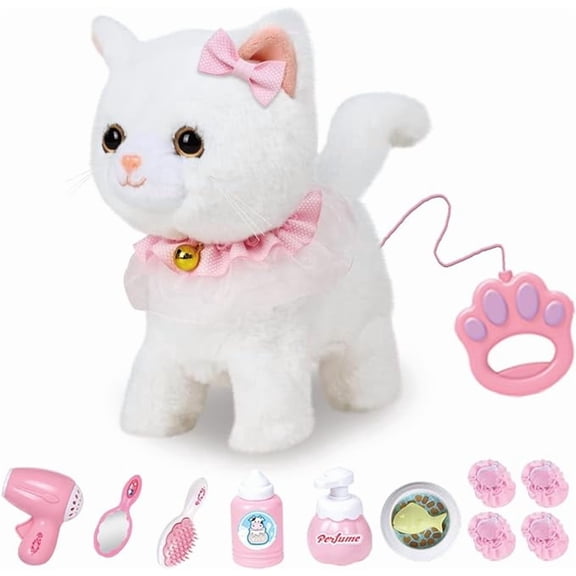 Plush Toy Cat with Remote Controlled Lead, Realistic Interactive Pet Cat that Runs, Barks, Includes Cat Accessories