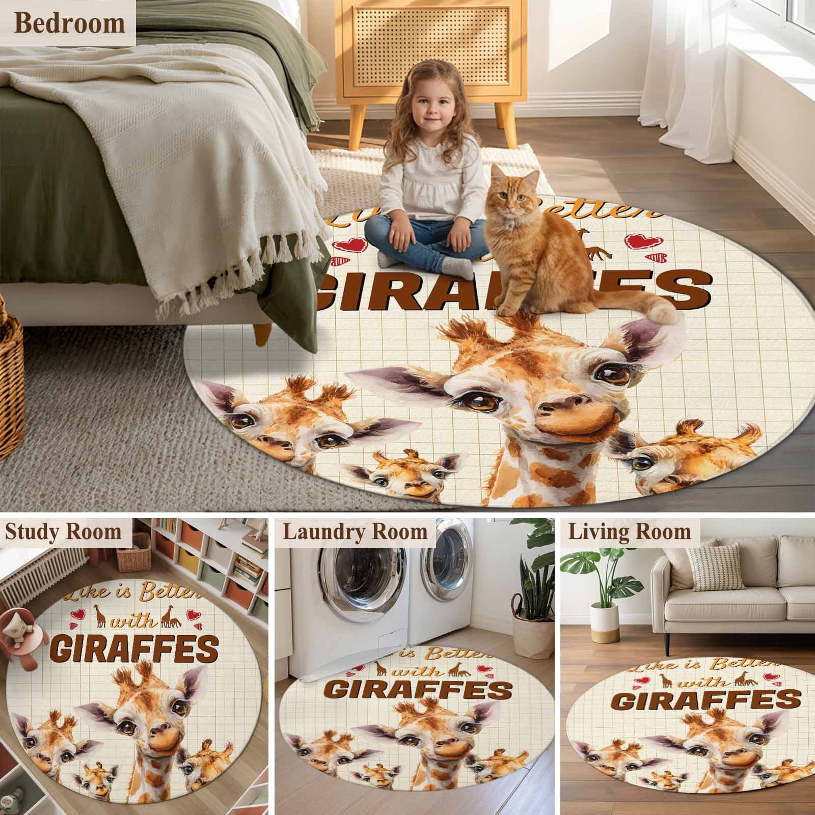Giraffe Round Area Rug 5Ft Washable Circle Rugs for Living Room Bedroom, Red Love Heart Animals Plaid Non-Slip Carpet Floor Mats Indoor Outdoor Carpet Runner Aesthetic Home Decor
