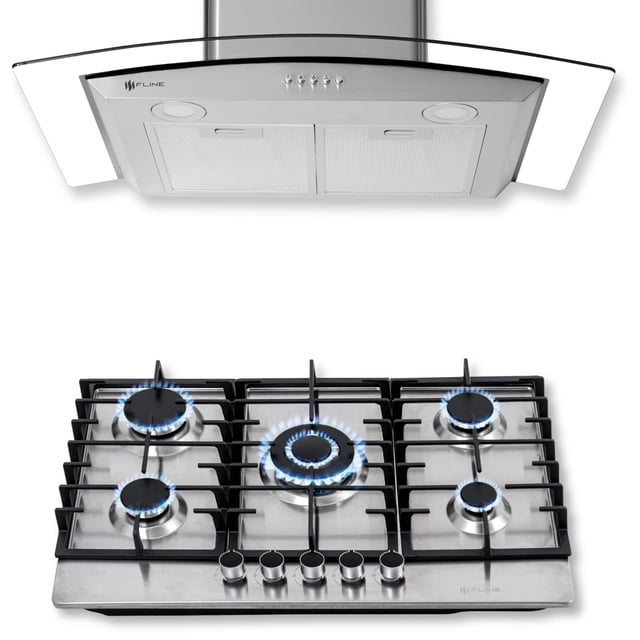 FLINE | Combo parrilla de gas y campana extractora 76 cm | Pared botones | Acero Inox |MA5BE76