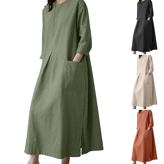 Women Cotton Linen Maxi Dress 3/4 Sleeve Crewneck Slit Shift Dresses Plus Size Casual Fall Trendy Oversized Tshirt Dress