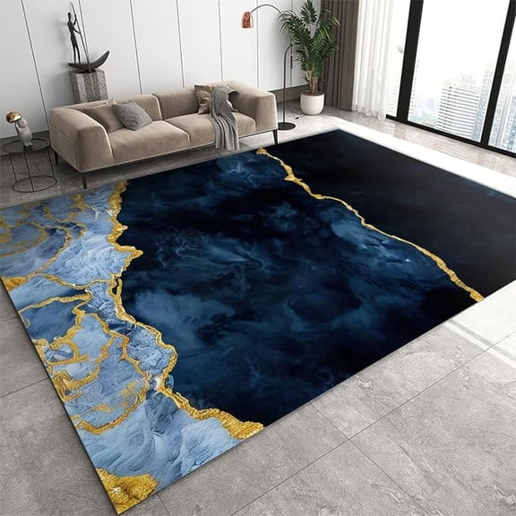 Navy Blue Marble Texture Area Rug, Luxury Gold Foil Fluid Stripes Washable Rugs, With Anti-Slip Easy Clean Carpet For Living Room Bedroom Kitchen Dining Room Home Office 5x6ft