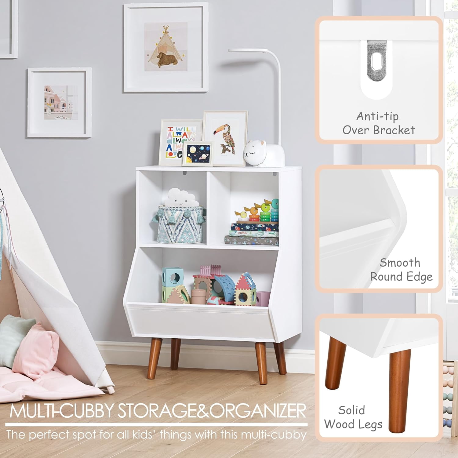 STAROUS Toy Storage Organizer, 3 Cube Storage Organizer,  Kids Bookshelf and Toy Storage with Legs, White