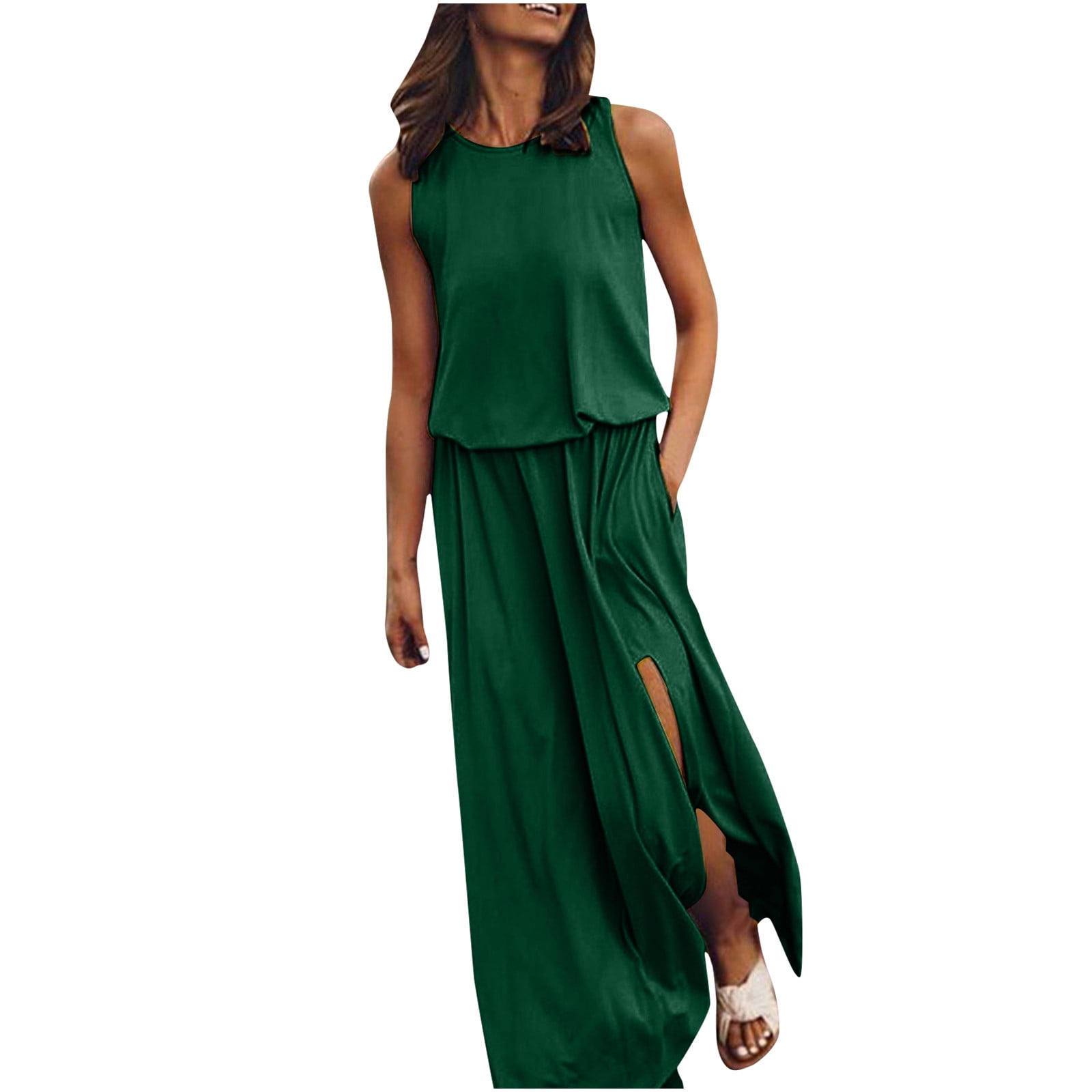 Bigersell Tank Maxi Dress for Women Summer Casual Loose Sleeveless Round Neck Long Dresses Side