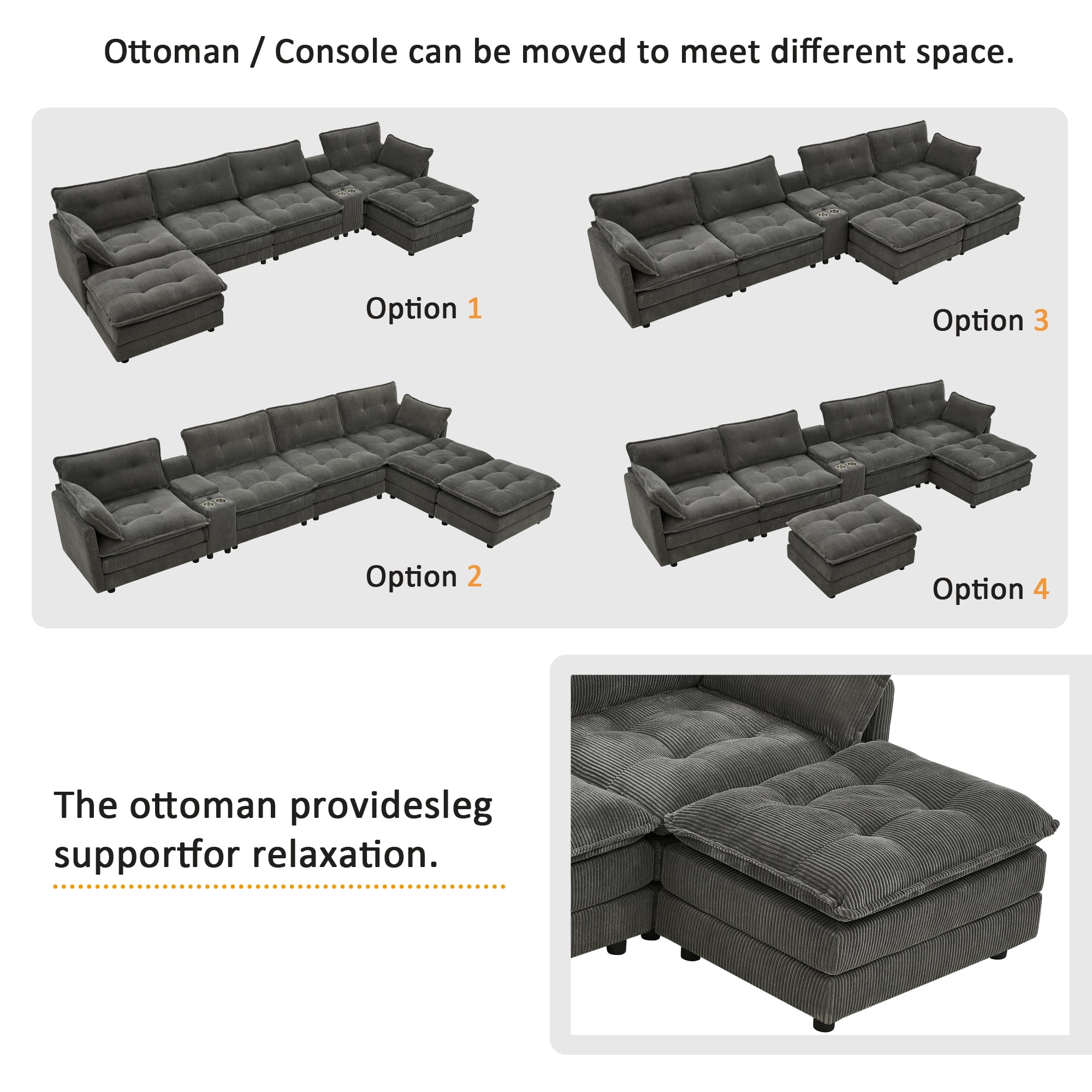 Gewnee 154" U-Shaped Sectional Sofa,Modern Corduroy Modular Sofa Couch with Storage Function,USB &Cup Holders,Movable Ottoman Sectional Couch for Living Room,Gray
