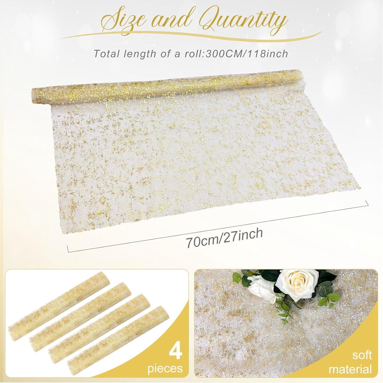Dalrosia 10FT Gold Table Runner, Gold Gauze Sheer Chiffon Cheesecloth Runner Sequin Glitter Metallic Foil, Gold Party Table Decorations Centerpiece for Wedding Birthday Christmas Bridal Baby Shower