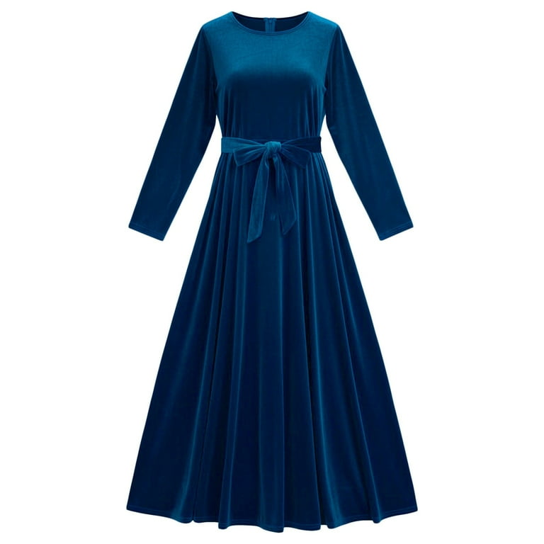 DHFJKG Women Dresses Long Sleeve Velvet Maxi Dress With Matching Belt For  Spring Casual Wear Soft Comfortable Dress For Ladies A-Line Trendy Dresses