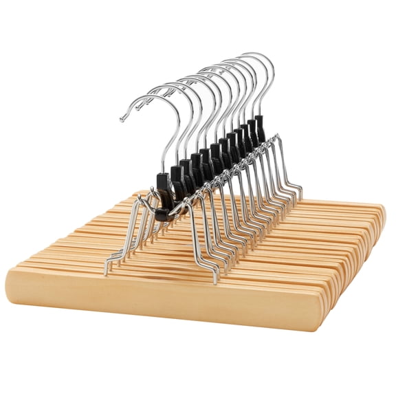 12 Pack Wooden Pants Hangers Skirt Hangers Premium Solid Wood with Non-Slip Felt with 360° Swivel Hook Natural