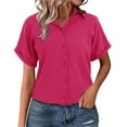 thumbnail image 2 of Short Sleeve Shirts for Women, Muslin Cotton Short Sleeve V Neck Linen Blouse Top, Pink M, 2 of 9