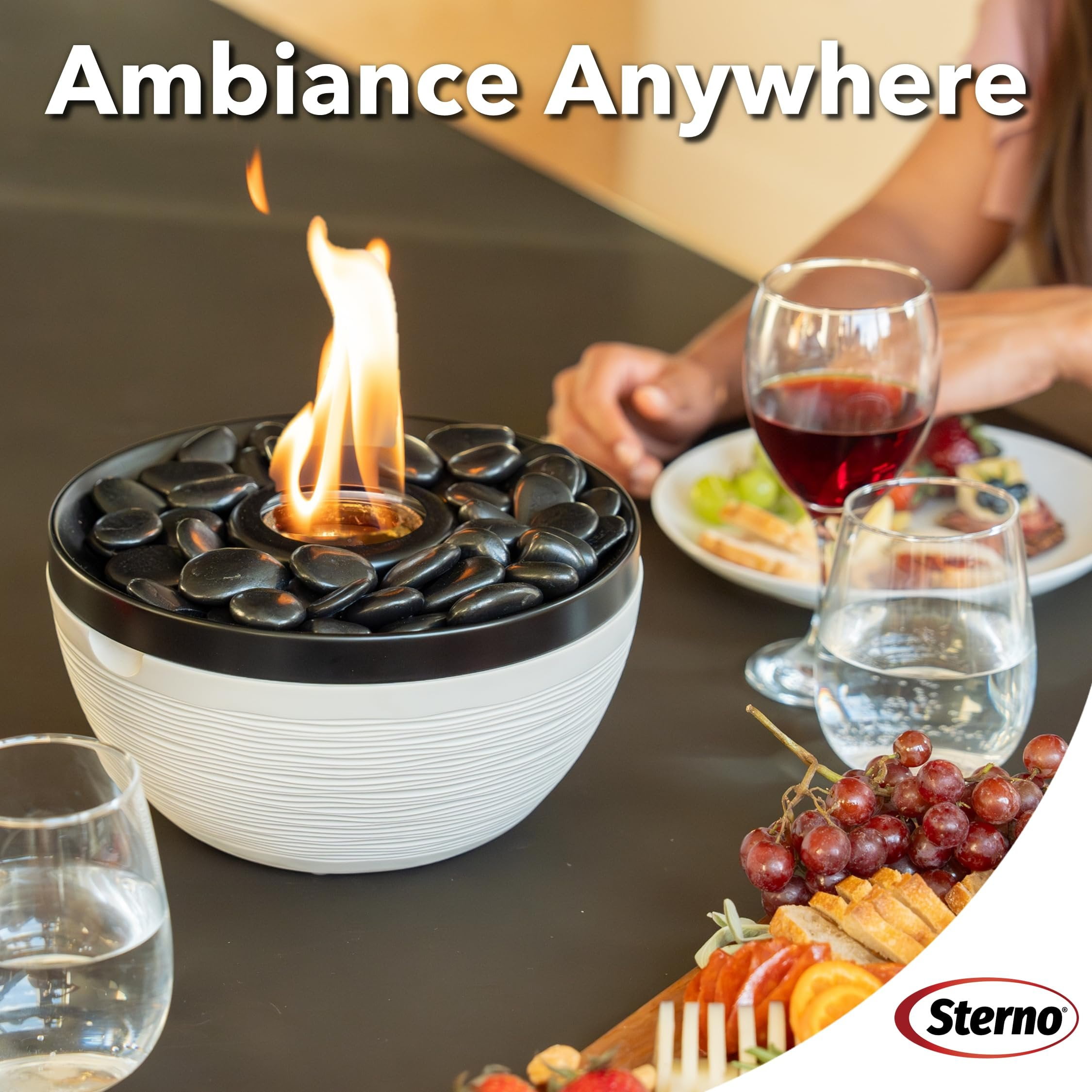 Sterno Tabletop Fire Pit Medium Smokeless Mini Fireplace for Indoor Outdoor Patio & Balcony Decor, Portable Fire Pit 9.5" x 5.25" - Onyx & Ivory