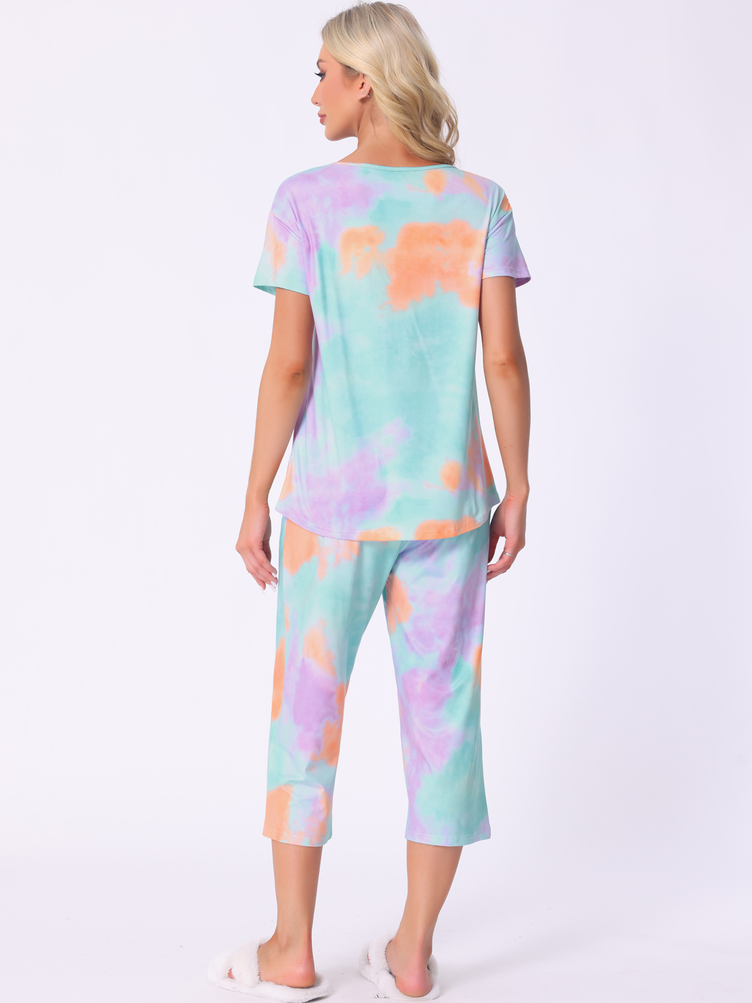 DARING DIVA Women's Short Sleeve Tie Dye Capri Pants with Pockets Loungewear S Orange