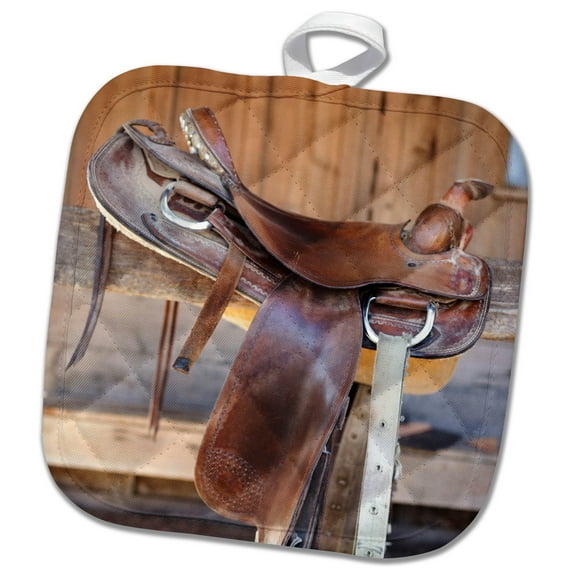 3dRose, Full view of a Saddle resting on the railing, Tucson, Arizona, USA., 8x8 Potholder