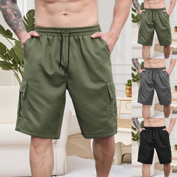 Men's Twill Cargo Shorts 10" Inseam Elastic Waistband Drawstring Utility Short Pants, Knee Length Multi-Pocket Outdoor Hiking Fishing Travel Wear with D-Rings