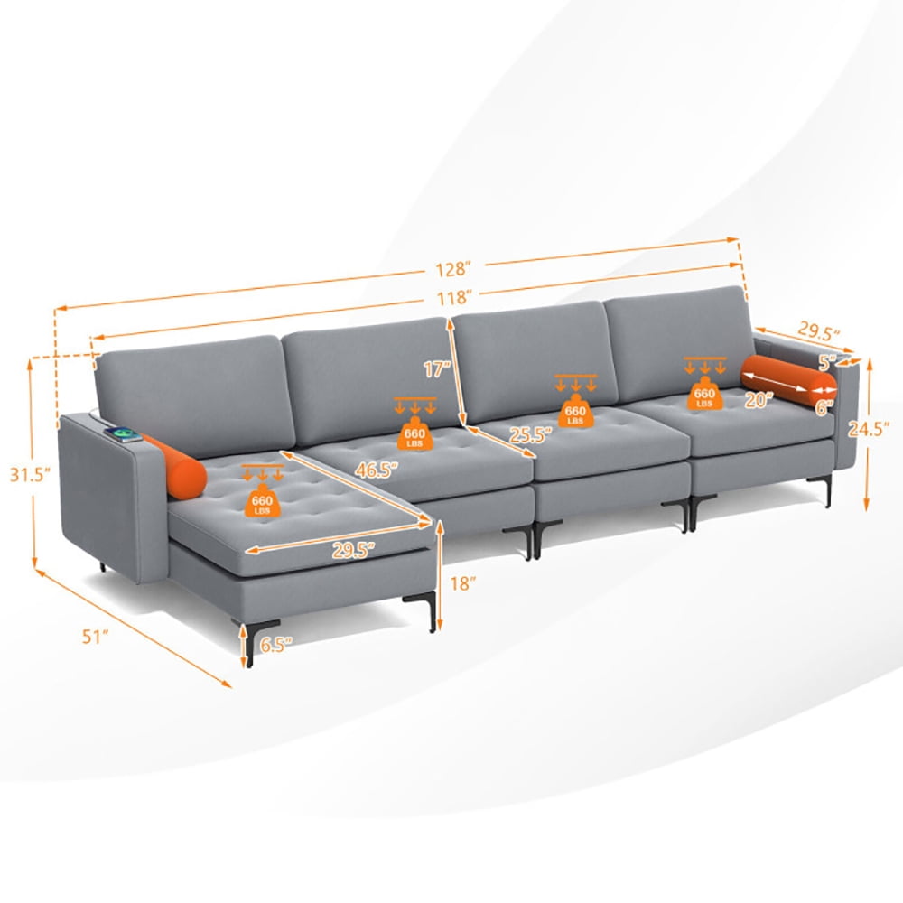 Finihen L-shaped Sectional Sofa Couch, Modular L-shaped 4-Seat Sectional Sofa with Reversible Chaise and 2 USB Ports, for Living Room, Light Gray Finihen L-shaped Sectional Sofa Couch, Modular L-shaped 4-Seat Sectional Sofa with Reversible Chaise and 2 USB Ports, for Living Room, Light Gray