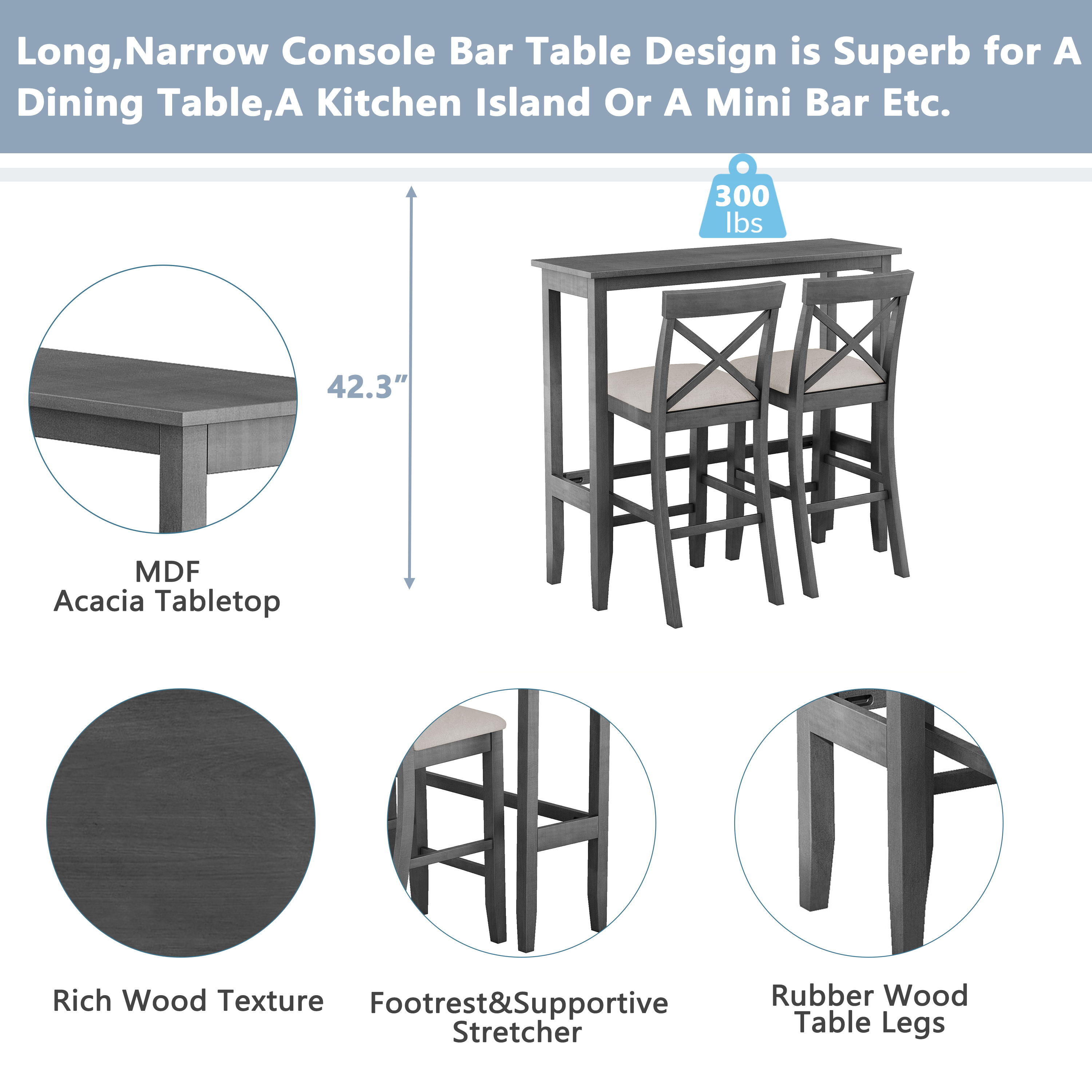 Euroco Farmhouse 3 Piece Dining Set,48" Rectangular Wood Bar Set Kitchen Breakfast Nook with 2 Chairs for Small Places,Gray