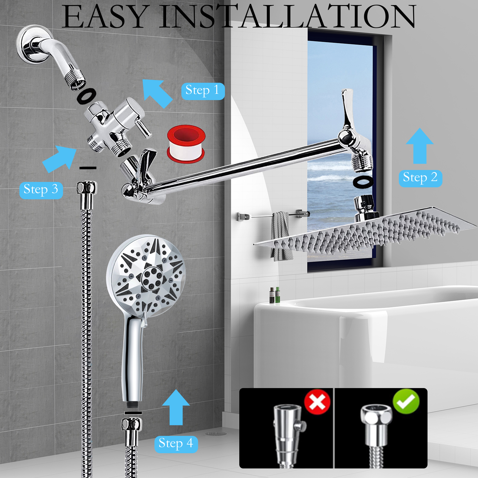 YTKUS 12 Inch Rain Shower Head Combo, High Pressure Rainshower Head with Adjustable Arm and 3 Settings Handheld ,Spray -9 Spray Filtered Shower Head