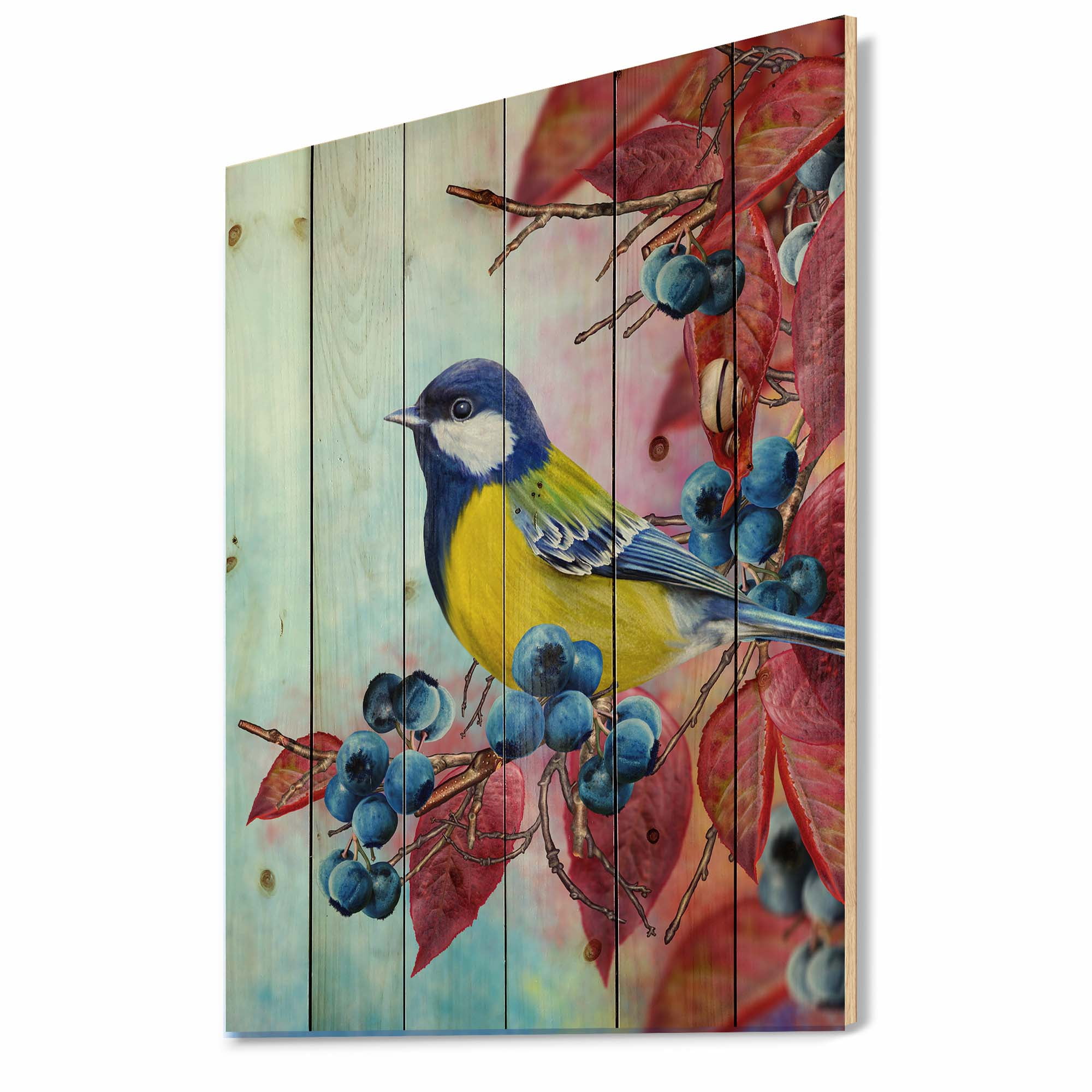 Designart 'Bright Bird Bullfinch Sitting On A Branch of Berries II' Traditional Print on Natural Pine Wood