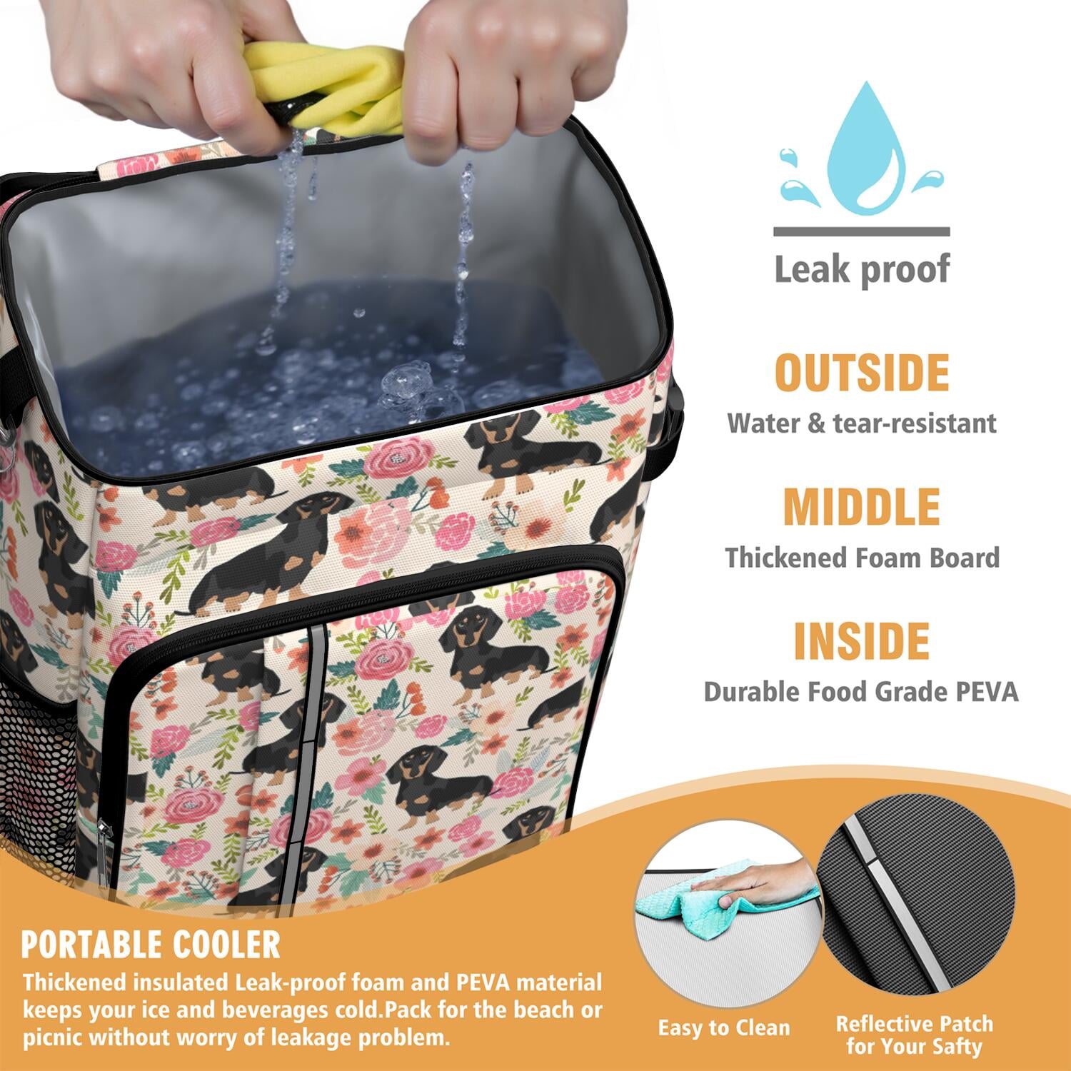 Travel Cooler Bag - Dachshund and Flower Camping Beer Cooler Backpack with Bottle Opener- Waterproof Insulated Picnic Backpacks - Cooler Bag for Beach