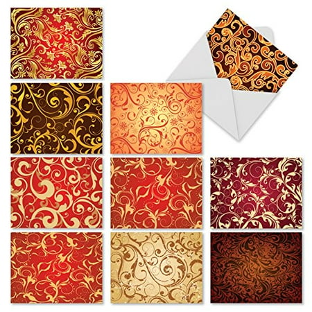 Royal Blue Cord - 'M3089 ROYAL FLEURISH' 10 Assorted All Occasions Note Cards Showcasing Elegant Swirled Designs in Rich Red and Gold Tones with Envelopes by The Best Card Company