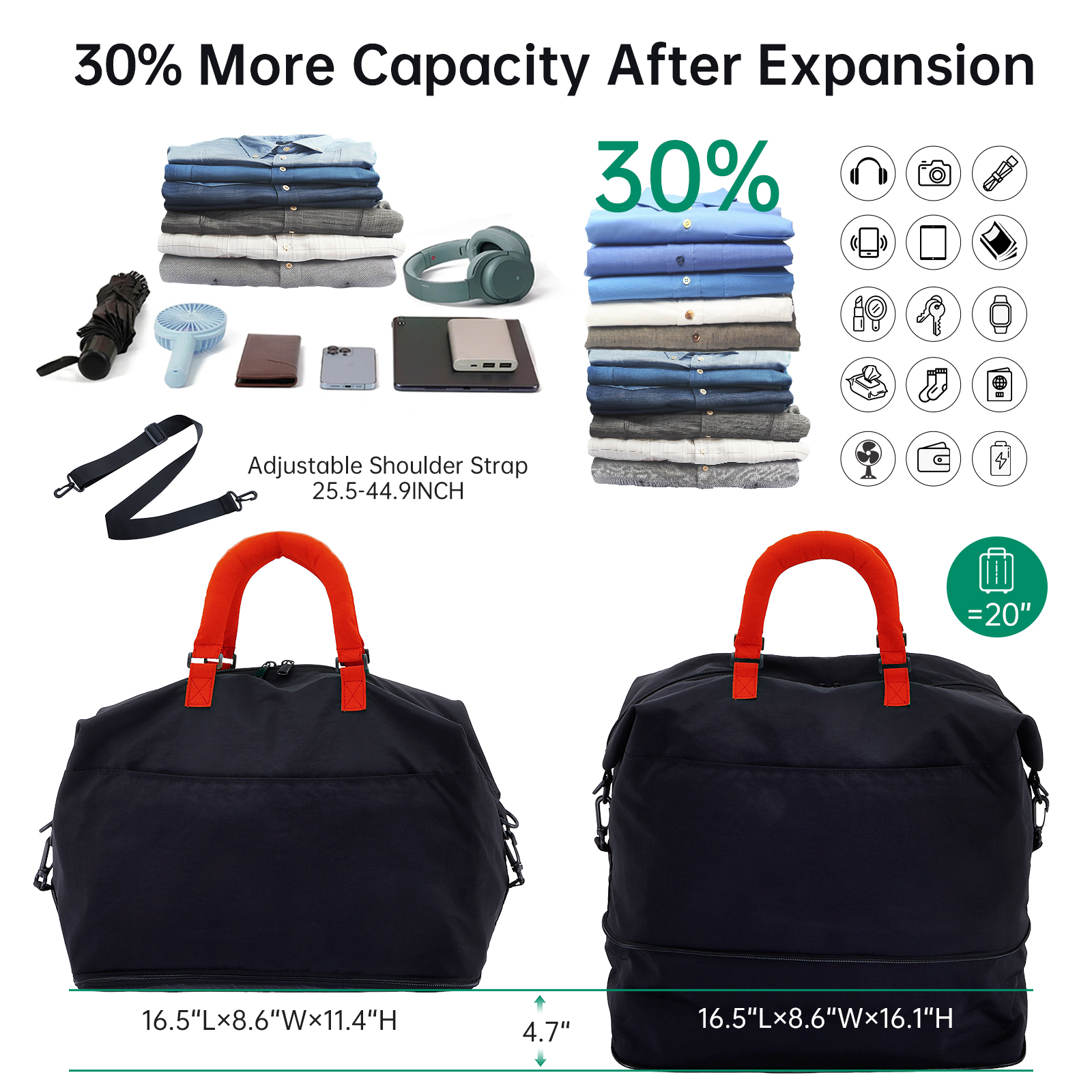 URSOFINE Travel Duffle Bag, Large Capacity Expandable Weekender Bag with Luggage Sleeve, Waterproof Nylon Overnight Bag for Women Men, Gym Bag Hospital Bag with Laptop Pocket