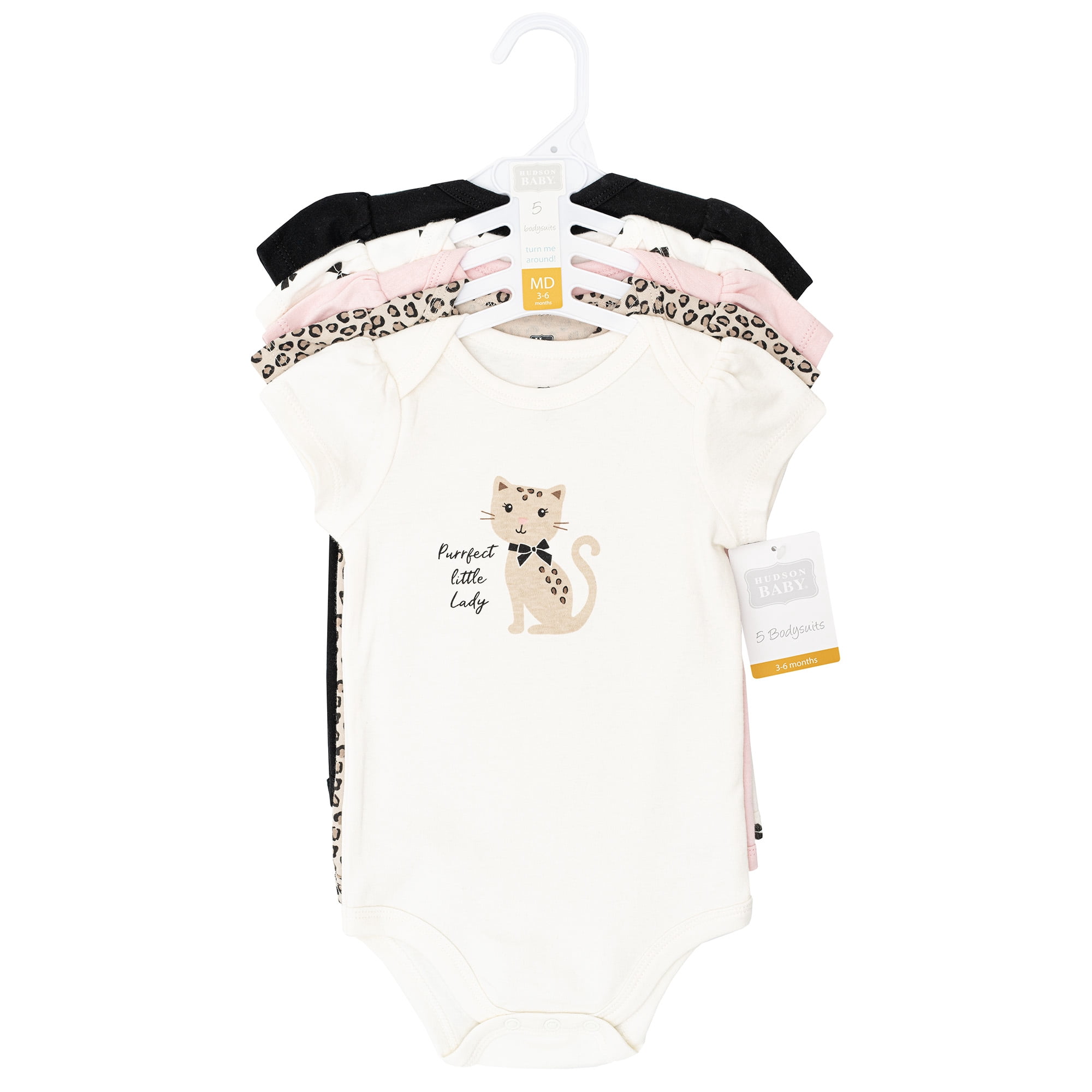 Hudson Baby Infant Girls Cotton Bodysuits 5-Pack, Purrfect, Preemie