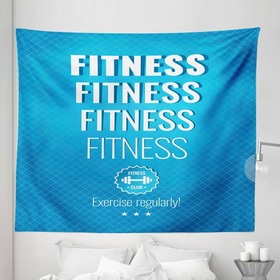 Fitness Tapestry, Motivation Regular Exercise Theme Fitness Words Checkered Backdrop Typography, Fabric Wall Hanging Decor for Bedroom Living Room Dorm, 5 Sizes, Pale Blue White, by Ambesonne