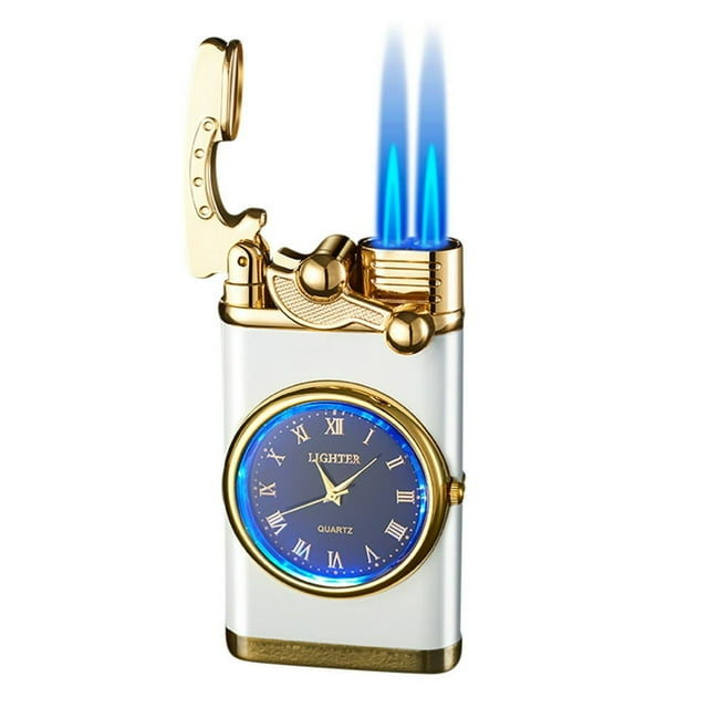 Dsseng Butane Torch Lighter Double Fire Switching Lighter With Quartz Watch Metal Inflatable Windproof Blue Flame Lighter Fashion Gift Luminous White