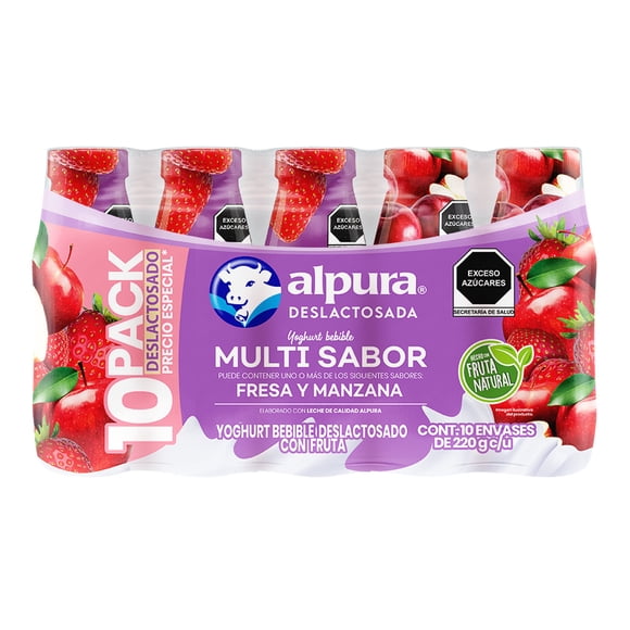 Yoghurt bebible Alpura deslactosado multi sabor fresa y manzana 10 pzas de 220 g c/u