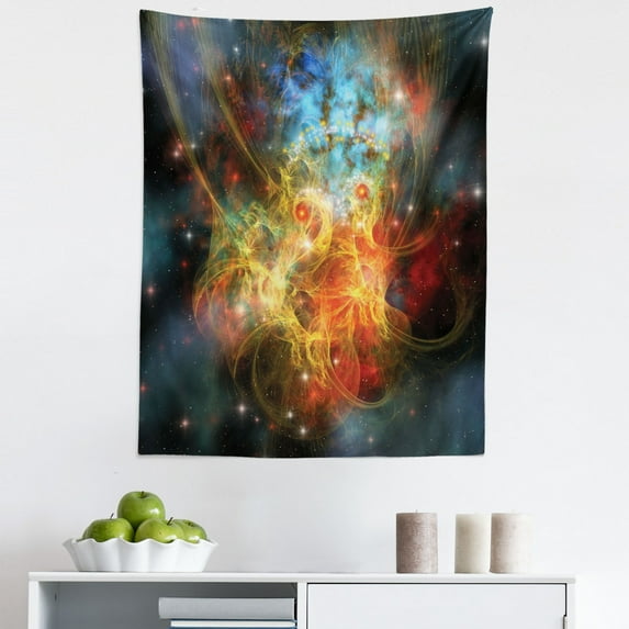 Nebula Tapestry, Cartoon Nebula Gas Expanse Outer Space Universe Matters in Astral Zone, Fabric Wall Hanging Decor for Bedroom Living Room Dorm, 5 Sizes, Navy Orange Teal, by Ambesonne