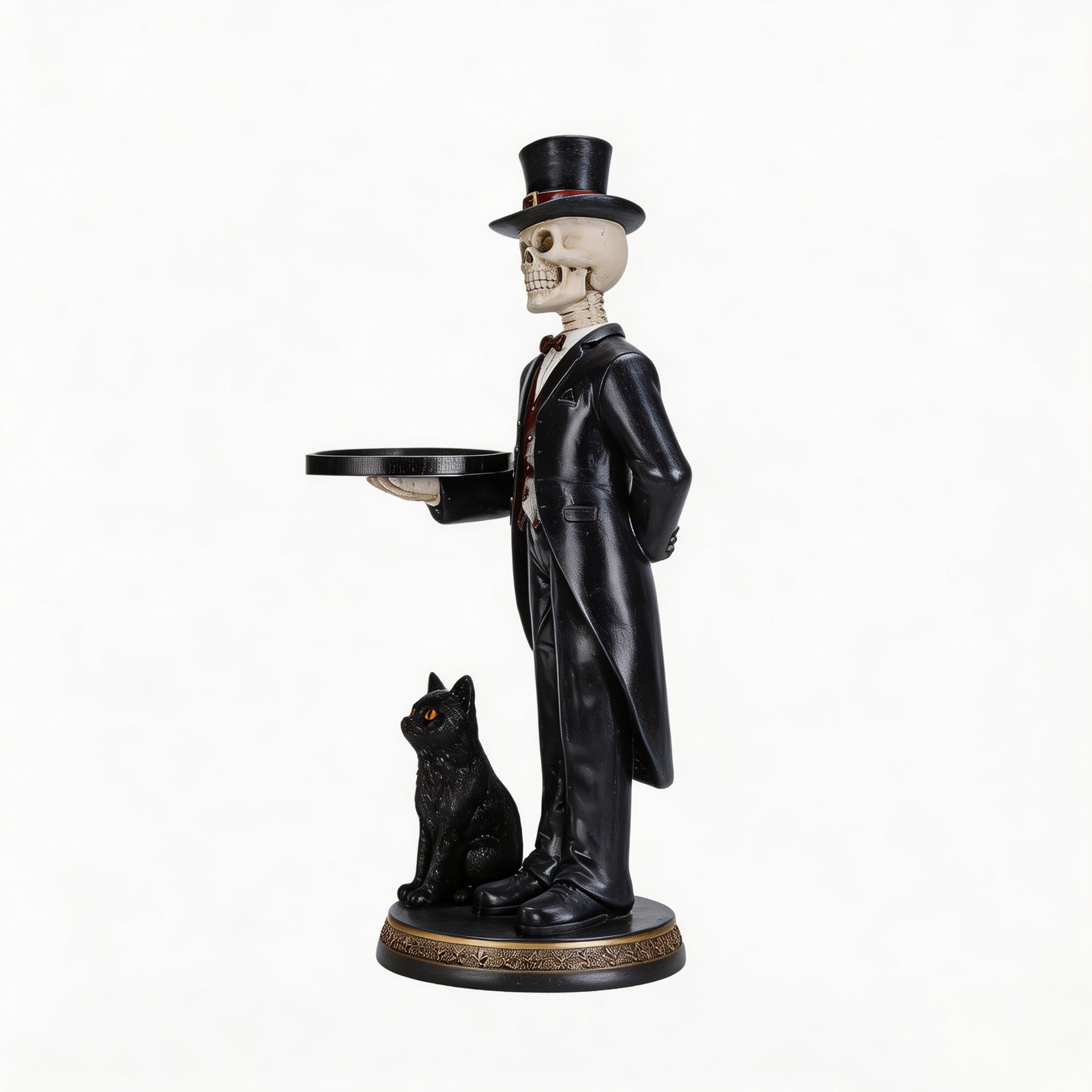 Noble House Halloween Skeleton Butler Floor Statue with Serving Tray & Black Cat, Entryway Decorative Figurine, Black