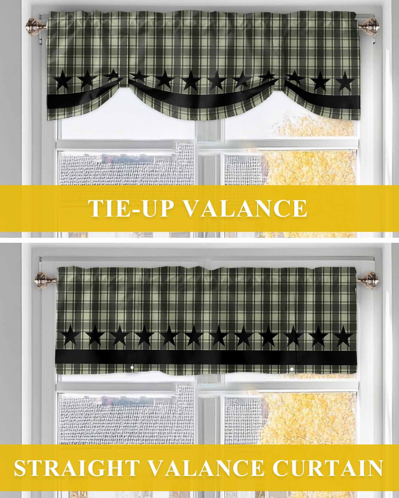 Checkered Stars Tie Up Valances Curtain, Adjustable Kitchen Sage Green Black Plaid Art Valances for Windows Decor, Rod Pocket Short Curtains Set for Bedroom/Bathroom, 54"x18"
