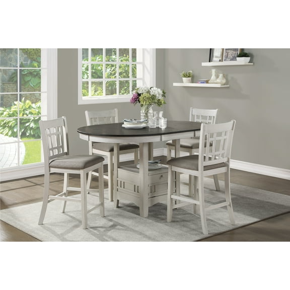 Miekor Furniture Traditional Design Antique White Finish Counter Height Dining Set 5pc Table w Extension Leaf and 4 Counter Height Chairs 0253