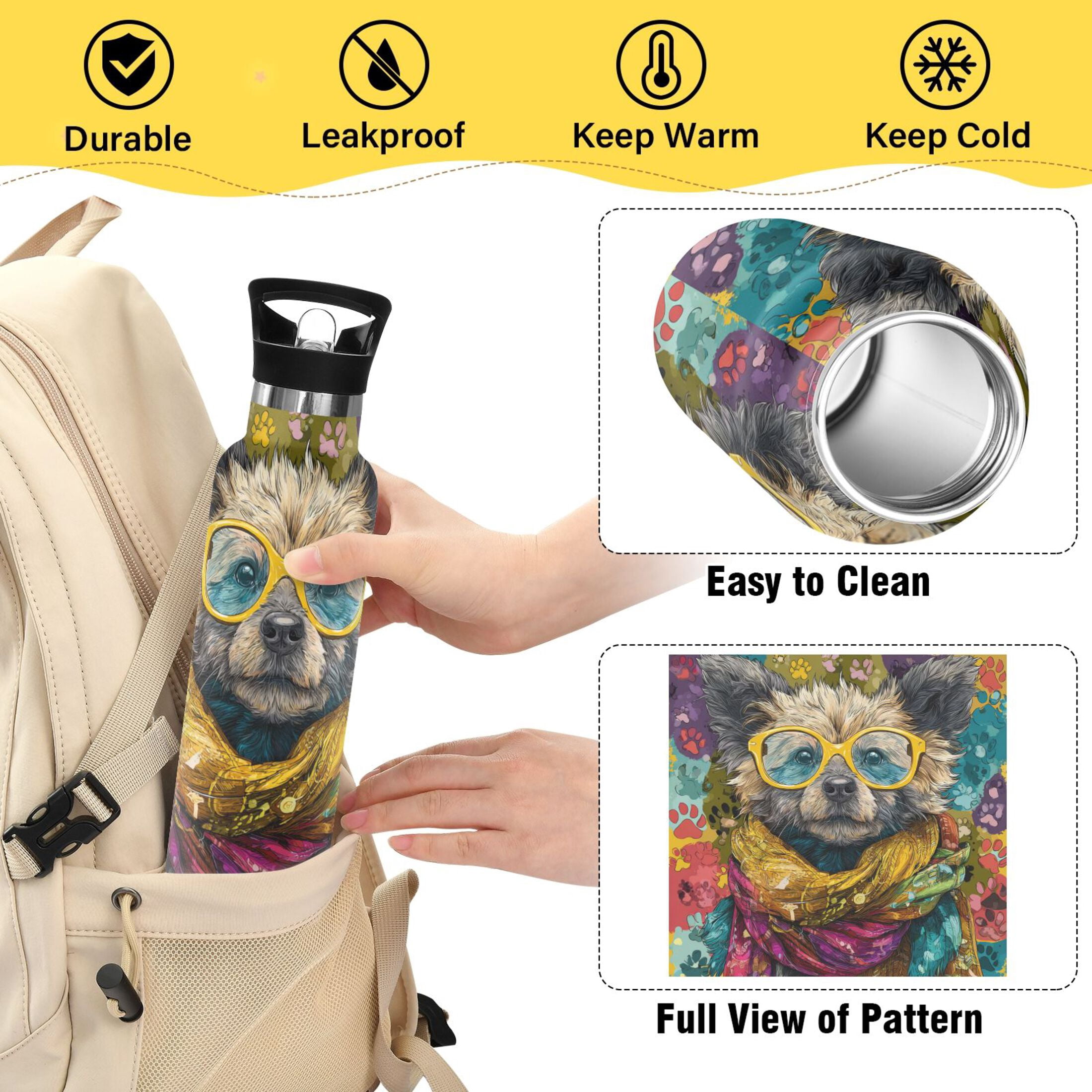 Kids Insulated Stainless Steel Sports Water Bottle 600ml (20oz) Dog Wearing Yellow Glasses