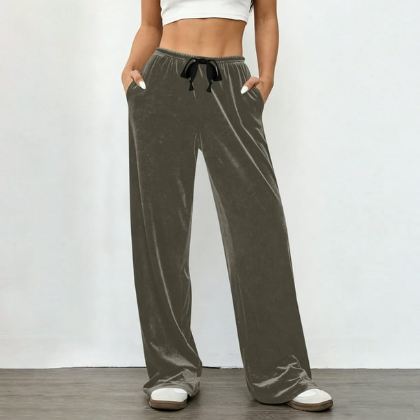Pincandy Women's Solid Color Velour Pants - Elastic Waist, Loose Wide Leg Fit with Pockets, Luxurious & Comfortable for Loungewear & Daily Outings