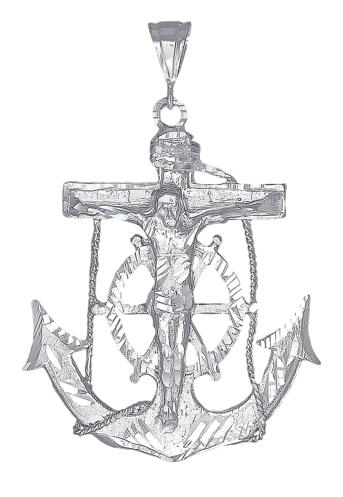 Sterling Silver Anchor Cross with Jesus Charm Pendant Necklace with Diamond Cuts