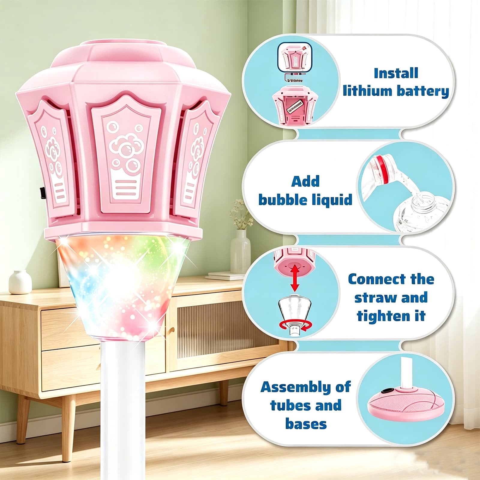 Rechargeable Automatic Bubble Machine With Light Music Adjustable Height And Detachable Wand For Outdoor Play(Pink)