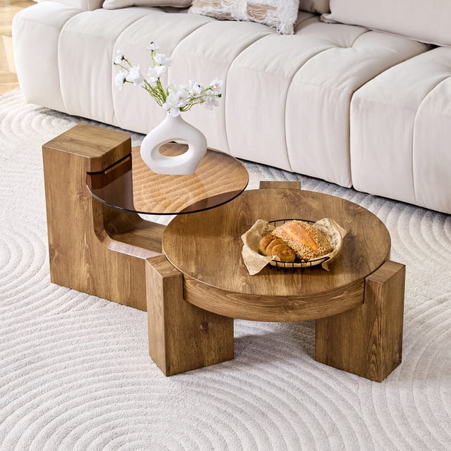 Detachable Combination Coffee Table with MDF Wood Grain & Brown Glass Top, Multi-Functional Design Can Serve As Coffee Table or 2 Individual Side Tables for Living Room