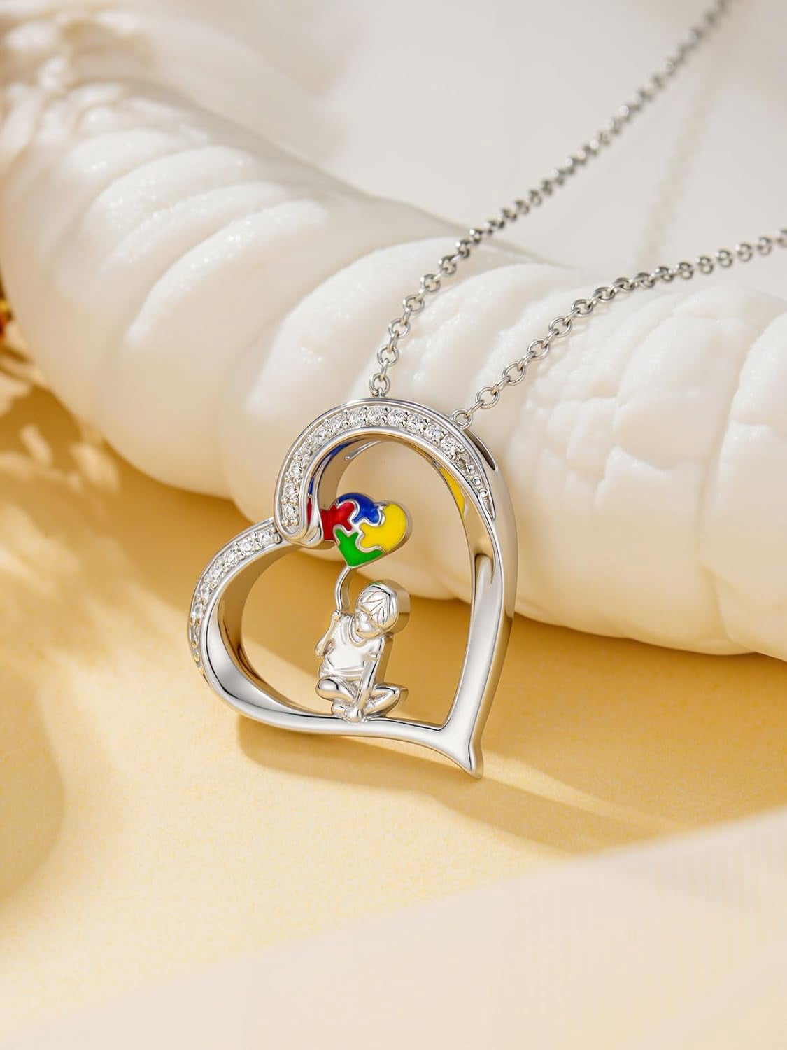 Autism Awareness Necklace 925 Sterling Silver Heart Puzzle Piece Pendant ASD Jewelry Inspirational Gifts for Women Mom